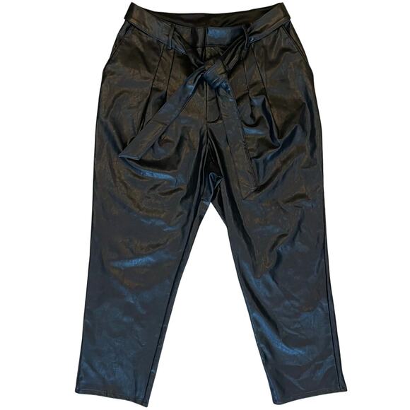 Express Pants Women M NWT Black Faux Leather Tie Belt Paperbag Waist Tapered - Picture 1 of 9